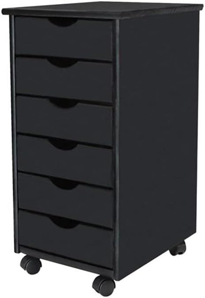 Pemberly Row Modern Solid Wood 6-Drawer Roll Utility Cart, Black Finish, L 15.25 x W 13.25 x H 25.75 in, Durable Pine Wood, Mobile Storage for Home Office, Crafts, Kitchen, Compact & Spacious Design