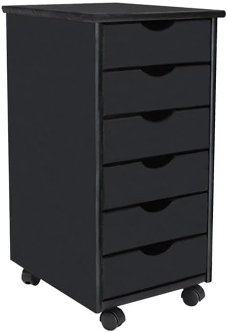 Pemberly Row Modern Solid Wood 6-Drawer Roll Utility Cart, Black Finish, L 15.25 x W 13.25 x H 25.75 in, Durable Pine Wood, Mobile Storage for Home Office, Crafts, Kitchen, Compact & Spacious Design
