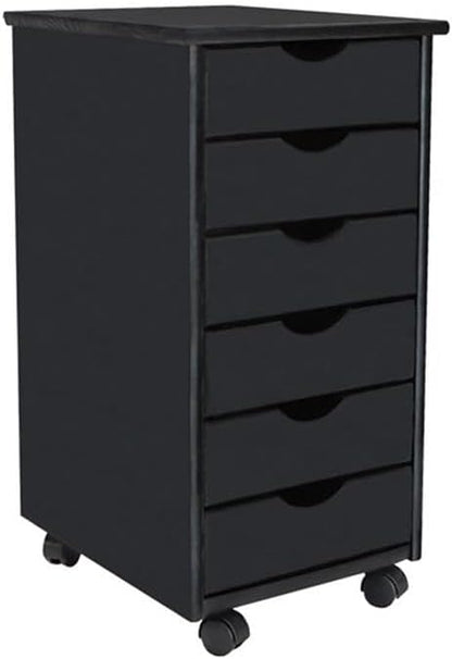 Pemberly Row Modern Solid Wood 6-Drawer Roll Utility Cart, Black Finish, L 15.25 x W 13.25 x H 25.75 in, Durable Pine Wood, Mobile Storage for Home Office, Crafts, Kitchen, Compact & Spacious Design