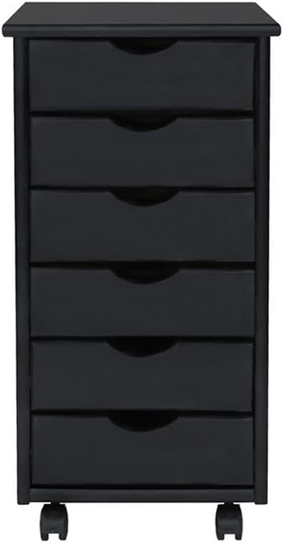 Pemberly Row Modern Solid Wood 6-Drawer Roll Utility Cart, Black Finish, L 15.25 x W 13.25 x H 25.75 in, Durable Pine Wood, Mobile Storage for Home Office, Crafts, Kitchen, Compact & Spacious Design
