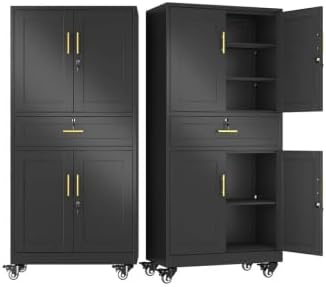 winiowa 71" Tall Metal Garage Storage Cabinet with Wheels and Locking Doors, Locking Rolling Tool Cabinet with Drawer and 3 Adjustable Shelves for Garage,Home,Office-Black