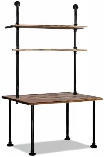 Industrial Pipe Desk with 3 Tier Shelves, Rustic Solid Wood Writing Workstation, Sturdy Metal Frame for Home Office Study Living Room Decor(40" L)