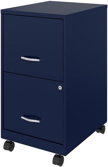 Pemberly Row 18" 2-Drawer Mobile Metal Filing Cabinet, Navy Finish, Painted Steel, Lockable High-Side Drawers, Smooth Glide Wheels, Compact Vertical Design for Home or Office Organization