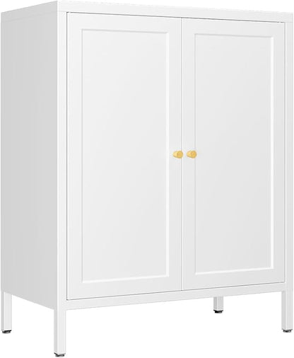Metal Accent Storage Cabinet for Home, LivingRoom,Office,Kitchen- Metal Locker Cabinet with 1 Adjustable Shelves-Bathroom Floor Storage Cabinet Freestanding Organizer(Square Door, White)