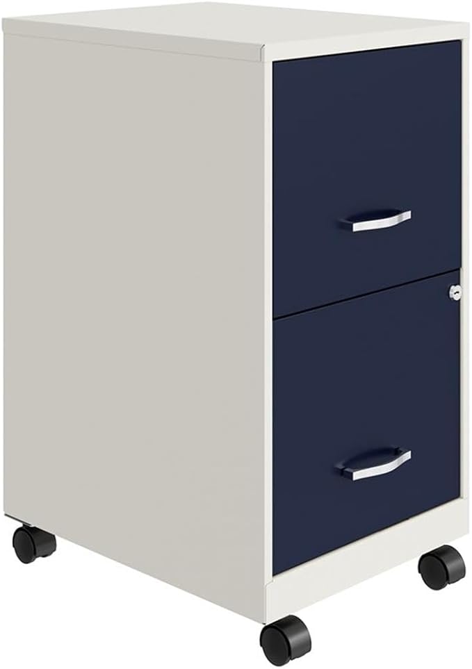 Pemberly Row 2-Drawer Mobile Metal Filing Cabinet, 18" D, White/Navy Finish, Locking Drawers with Glide Suspension, Letter-Size File Storage, Compact Vertical Design for Home or Office
