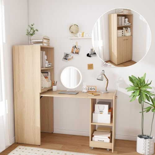 Foldable Desks for Small Spaces, Wood Murphy Desk with Storage Shelves, Folding Out Desk with Wheels, Space Saving Compact Computer Table, Hidden Desk for Apartment Bedroom Dorm Room (Natural Wood)