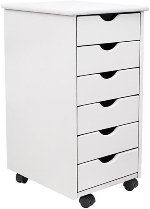 Pemberly Row Modern Solid Wood 6-Drawer Roll Utility Cart, White Finish, Compact Design with Casters, Durable Pine Construction, Mobile Storage for Office, Dorm, Craft Room or Small Spaces
