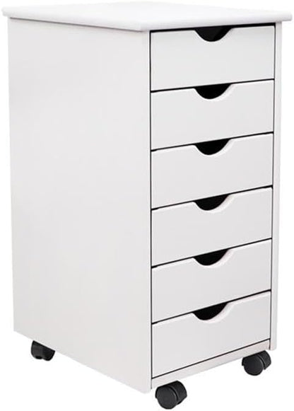 Pemberly Row Modern Solid Wood 6-Drawer Roll Utility Cart, White Finish, Compact Design with Casters, Durable Pine Construction, Mobile Storage for Office, Dorm, Craft Room or Small Spaces