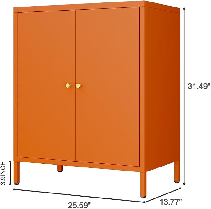 2 Door Metal Storage Cabinet-Small Bathroom Storage Cabinet with 1 Adjustable Shelf,Metal Freestanding Sideboard for Home Office, Living Room, Hallway, Entryway(Metal Door Cabinet, Orange)