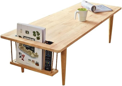 WoodShine Mid Century Modern Mini-Swing Wooden Coffee/Tea Table, Japanese Accent Floor Desk, Real Solid Wood Cafe Table with Storage for Home Living Room,Office, Length of 47.25 inches,Natural