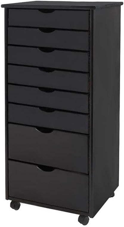 Pemberly Row Solid Wood Roll Utility Cart, Black Finish, 8 Drawers, Compact Design with Casters, Durable Modern Storage for Home, Office, Craft or Project Room