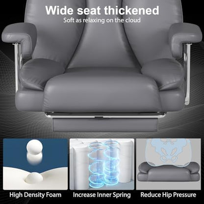 Big and Tall Office Chair, Executive Home Office Desk Chair, Comfy Leather High-Back Reclining Computer Chair with Retractable Footrest and Padded Arms, 360°Swivel Rolling Wheels, Wide Seat, Gray