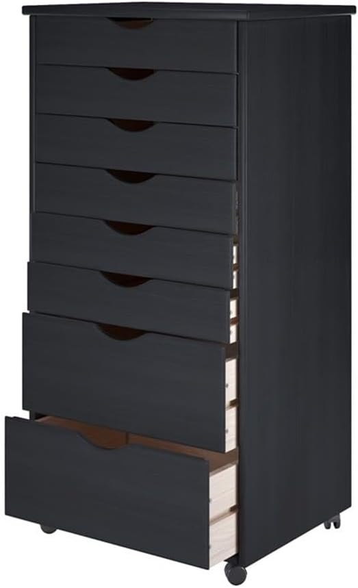 Pemberly Row Solid Wood Roll Utility Cart, Black Finish, 8 Drawers, Compact Design with Casters, Durable Modern Storage for Home, Office, Craft or Project Room