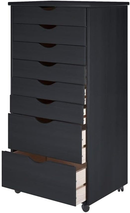 Pemberly Row Solid Wood Roll Utility Cart, Black Finish, 8 Drawers, Compact Design with Casters, Durable Modern Storage for Home, Office, Craft or Project Room