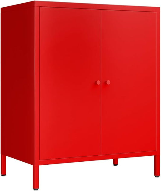 2 Door Metal Accent Storage Cabinet for Home, Living Room, Office Room,Kitchen-Metal Locker Cabinet with 1 Adjustable Shelves-2-Tier (Small 2 Door Cabinet, red)