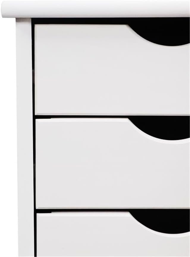 Pemberly Row Modern Solid Wood 6-Drawer Roll Utility Cart, White Finish, Compact Design with Casters, Durable Pine Construction, Mobile Storage for Office, Dorm, Craft Room or Small Spaces