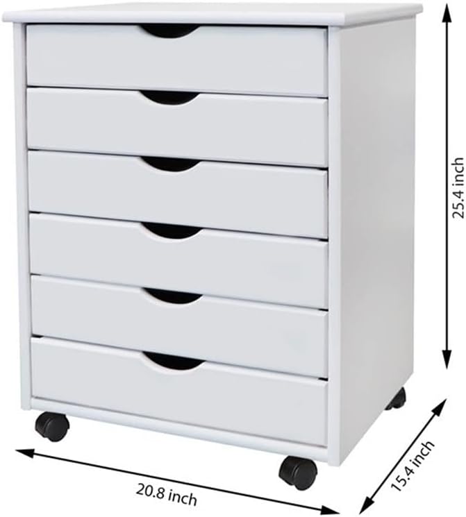 Pemberly Row Modern Solid Wood 6-Drawer Utility Cart, Compact Design, White Finish, L 15.35 x W 20.75 x H 25.43 in, Smooth Casters, Versatile Storage for Home Office, Studio, Craft Room