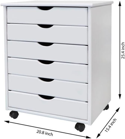 Pemberly Row Modern Solid Wood 6-Drawer Utility Cart, Compact Design, White Finish, L 15.35 x W 20.75 x H 25.43 in, Smooth Casters, Versatile Storage for Home Office, Studio, Craft Room