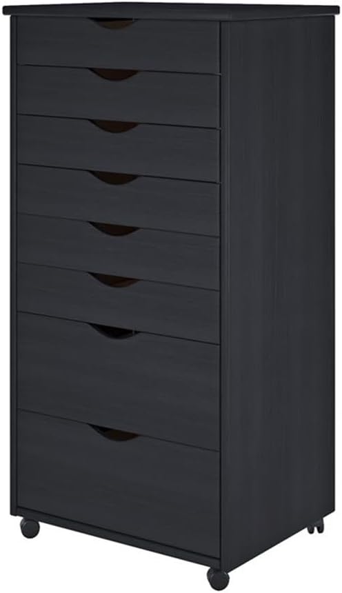 Pemberly Row Solid Wood Roll Utility Cart, Black Finish, 8 Drawers, Compact Design with Casters, Durable Modern Storage for Home, Office, Craft or Project Room