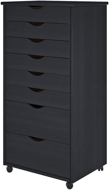 Pemberly Row Solid Wood Roll Utility Cart, Black Finish, 8 Drawers, Compact Design with Casters, Durable Modern Storage for Home, Office, Craft or Project Room