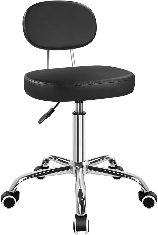 KKTONER Home Office Chair Rolling Stool with Wheels Adjustable Height Work Stool Chair Matte PU Leather Armless Office Chair with Backrest for Home Computer Desk Bedroom Black