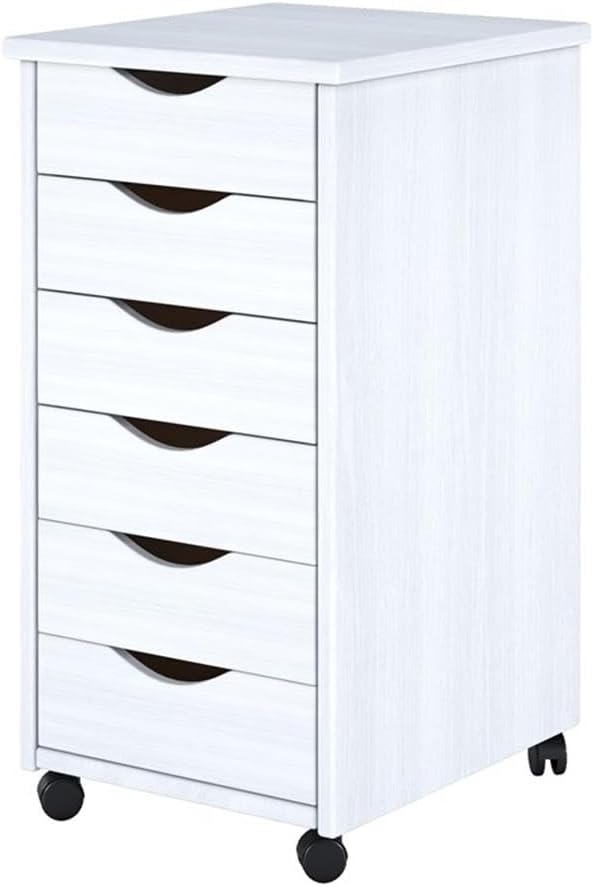 Pemberly Row Modern Solid Wood 6-Drawer Roll Utility Cart, White Finish, Compact Design with Casters, Durable Pine Construction, Mobile Storage for Office, Dorm, Craft Room or Small Spaces