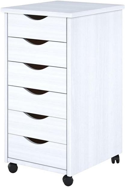 Pemberly Row Modern Solid Wood 6-Drawer Roll Utility Cart, White Finish, Compact Design with Casters, Durable Pine Construction, Mobile Storage for Office, Dorm, Craft Room or Small Spaces