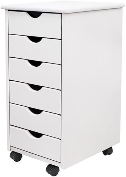 Pemberly Row Modern Solid Wood 6-Drawer Roll Utility Cart, White Finish, Compact Design with Casters, Durable Pine Construction, Mobile Storage for Office, Dorm, Craft Room or Small Spaces