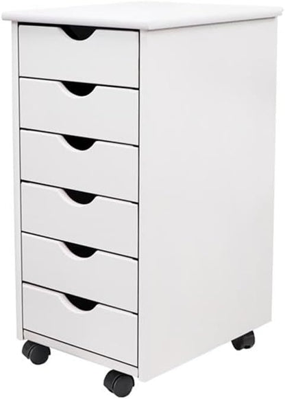 Pemberly Row Modern Solid Wood 6-Drawer Roll Utility Cart, White Finish, Compact Design with Casters, Durable Pine Construction, Mobile Storage for Office, Dorm, Craft Room or Small Spaces