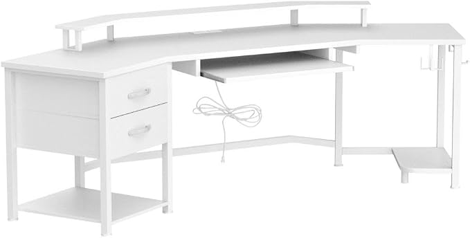 SEDETA 79" Gaming Desk, Computer Desk with 2 Fabric Drawers & LED Light, White Small Desk with Storage for Home Office, Carbon Fiber White