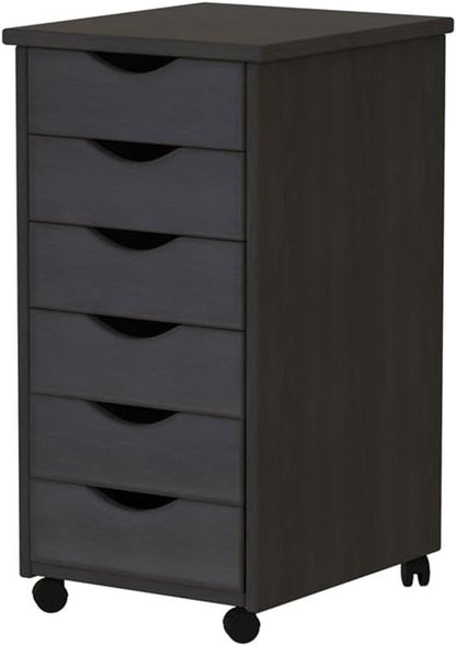 Pemberly Row Modern Solid Wood 6-Drawer Roll Utility Cart, Black Finish, L 15.25 x W 13.25 x H 25.75 in, Durable Pine Wood, Mobile Storage for Home Office, Crafts, Kitchen, Compact & Spacious Design