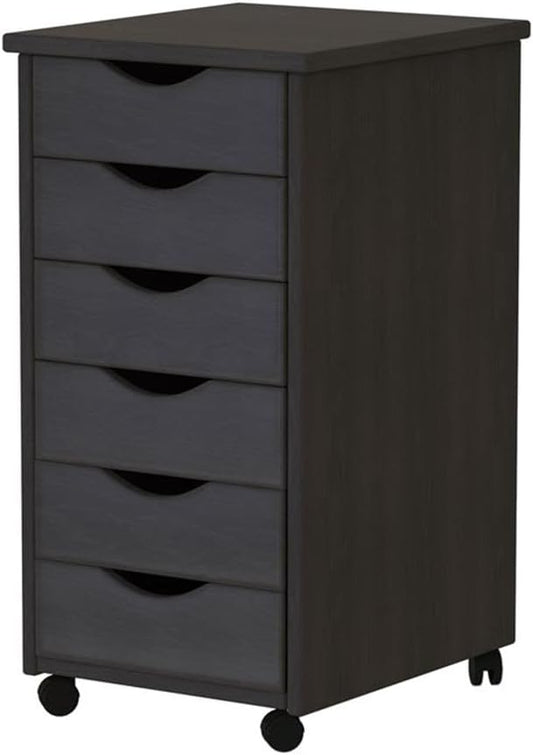 Pemberly Row Modern Solid Wood 6-Drawer Roll Utility Cart, Black Finish, L 15.25 x W 13.25 x H 25.75 in, Durable Pine Wood, Mobile Storage for Home Office, Crafts, Kitchen, Compact & Spacious Design