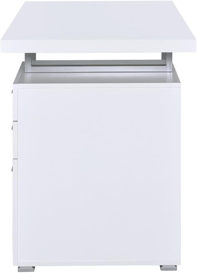 CARTESIAN Modern Reversible Computer Desk with 3 Drawers, 47.25W x 23.5D x 30H inches, White and Silver Metal Frame, File Cabinet Storage