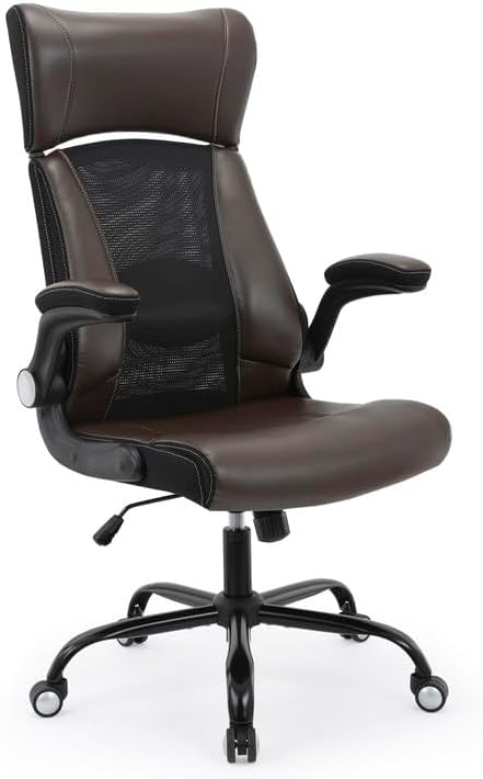 ZLHECTO® Executive Office Chair, Ergonomic Leather Desk Chair, Widened Adjustable Headrest with Flip-Up Arms, High Back Computer Swivel Task Chair with Lumbar Support, Brown