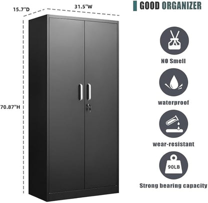 Approgreent Metal Storage Cabinet with Adjustable Shelves, Garage Cabinet with 2 Lockable Doors, Garage Storage Cabinet, Kitchen Pantry Cabinet - 71'H, Black