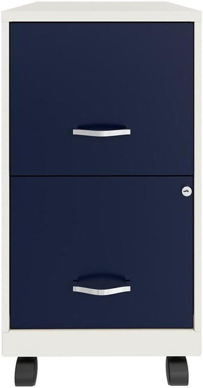 Pemberly Row 2-Drawer Mobile Metal Filing Cabinet, 18" D, White/Navy Finish, Locking Drawers with Glide Suspension, Letter-Size File Storage, Compact Vertical Design for Home or Office