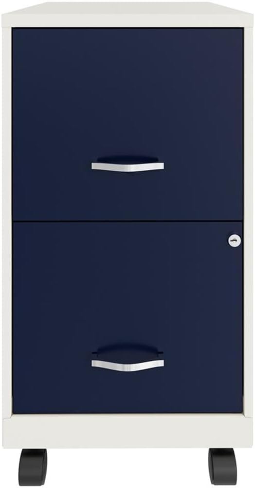 Pemberly Row 2-Drawer Mobile Metal Filing Cabinet, 18" D, White/Navy Finish, Locking Drawers with Glide Suspension, Letter-Size File Storage, Compact Vertical Design for Home or Office