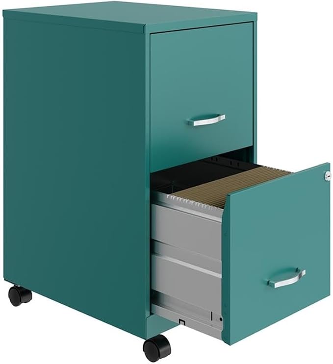 Pemberly Row 2-Drawer Metal Mobile Filing Cabinet, 18 in Depth, Turquoise Finish, Locking Drawers, Letter-Size Hanging File Storage, Smooth Glide Casters, Compact Home or Office Use