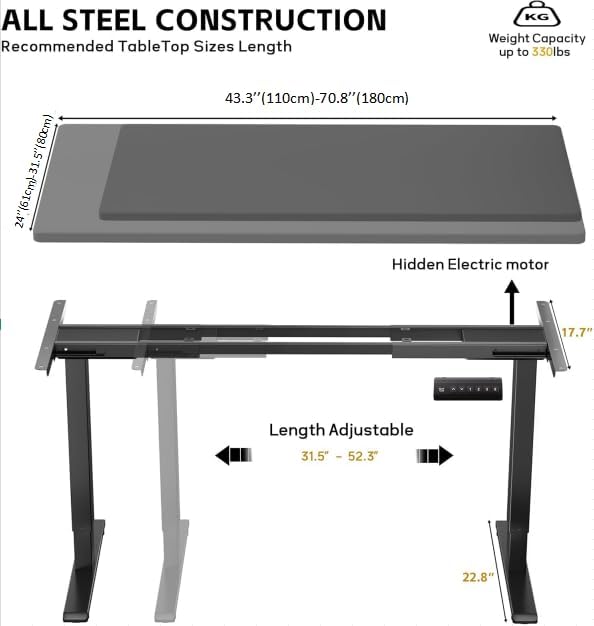 GallopFun Dual Motor Electric Standing Desk Frame for 43.3 to 70.8" Table Tops, 330lbs Weight Capacity,Ergonomic Standing Height Adjustable Base with Memory Controller,Black Frame Only