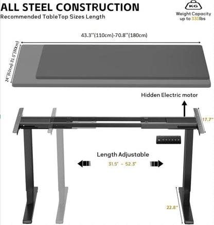 GallopFun Dual Motor Electric Standing Desk Frame for 43.3 to 70.8" Table Tops, 330lbs Weight Capacity,Ergonomic Standing Height Adjustable Base with Memory Controller,Black Frame Only