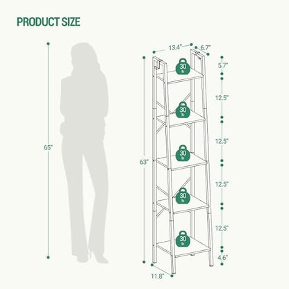 Hzuaneri Ladder Shelf, Bookshelf Bookcase, Freestanding Corner Storage Shelve with 2 Hooks for Home Office, Living Room, Kitchen, Bedroom, Industrial, 5-Tier White BC03213W