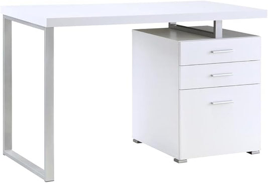 CARTESIAN Modern Reversible Computer Desk with 3 Drawers, 47.25W x 23.5D x 30H inches, White and Silver Metal Frame, File Cabinet Storage