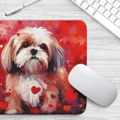Shih Tzu Mouse Pad Dog with Red Hearts Pattern Non-Slip Rubber Mouse Pad Puppy in Love Mouse Pad for Home Office Work Desk Computer Desktop Laptop for Dog Lovers