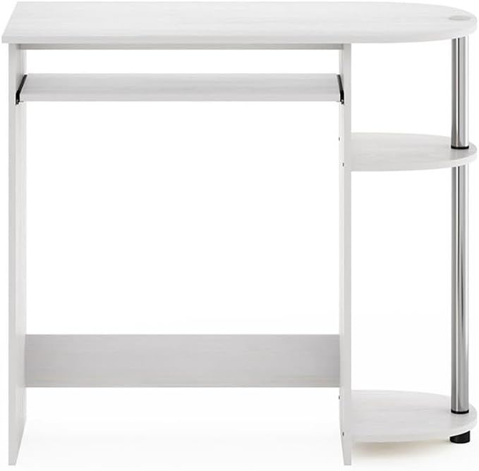Pemberly Row Computer Desk, 31.5 in Wide, Composite Wood and Stainless Steel Tubes, White Finish, Pull-Out Keyboard Drawer, Dual Shelves, Compact Home Office or Bedroom Workspace
