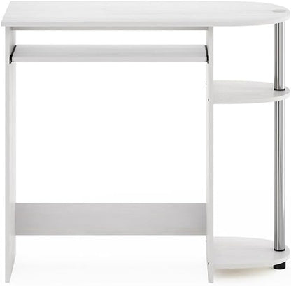 Pemberly Row Computer Desk, 31.5 in Wide, Composite Wood and Stainless Steel Tubes, White Finish, Pull-Out Keyboard Drawer, Dual Shelves, Compact Home Office or Bedroom Workspace