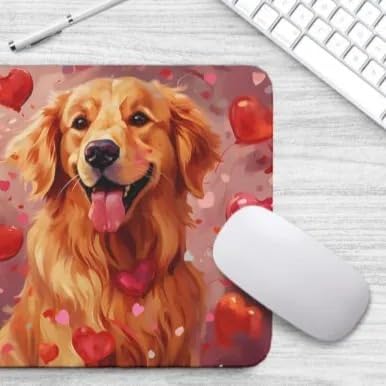 Golden Retriever Mouse Pad Dog with Red Hearts Pattern Non-Slip Rubber Mouse Pad Puppy in Love Mouse Pad for Home Office Work Desk Computer Desktop Laptop for Dog Lovers