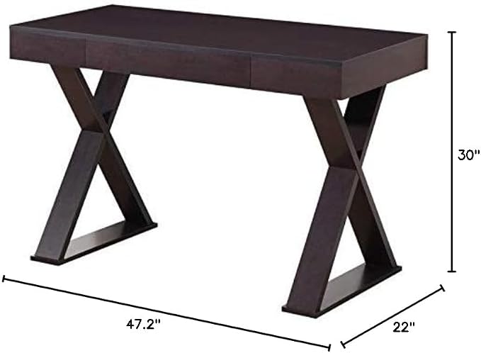 Pemberly Row Writing Desk with Drawer, Espresso Finish, Heavy-Duty Particle Board, Moisture Resistant Laminate, Geometric X-Shaped Legs, Ultra Modern Style, Compact Workspace Furniture for Home or