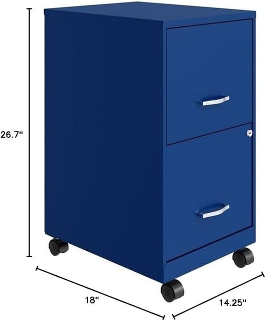 Pemberly Row 2-Drawer Metal Mobile Filing Cabinet, 18" D x 14.25" W x 26.7" H, Blue Finish, Locking System, Smooth Glide Suspension, Letter-Size Hanging File Storage, Home or Office Use