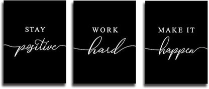 Work Hard Canvas Wall Art - Success Quote, Office Decor - Black Large Poster, Positive Motivational Set of 3 Prints (16x24in x 3pcs)