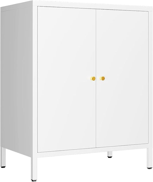 2 Door Metal Accent Storage Cabinet-Locker Cabinet for Office Room,Garage-Metal Storage Cabinet with 1 Adjustable Shelves (White)